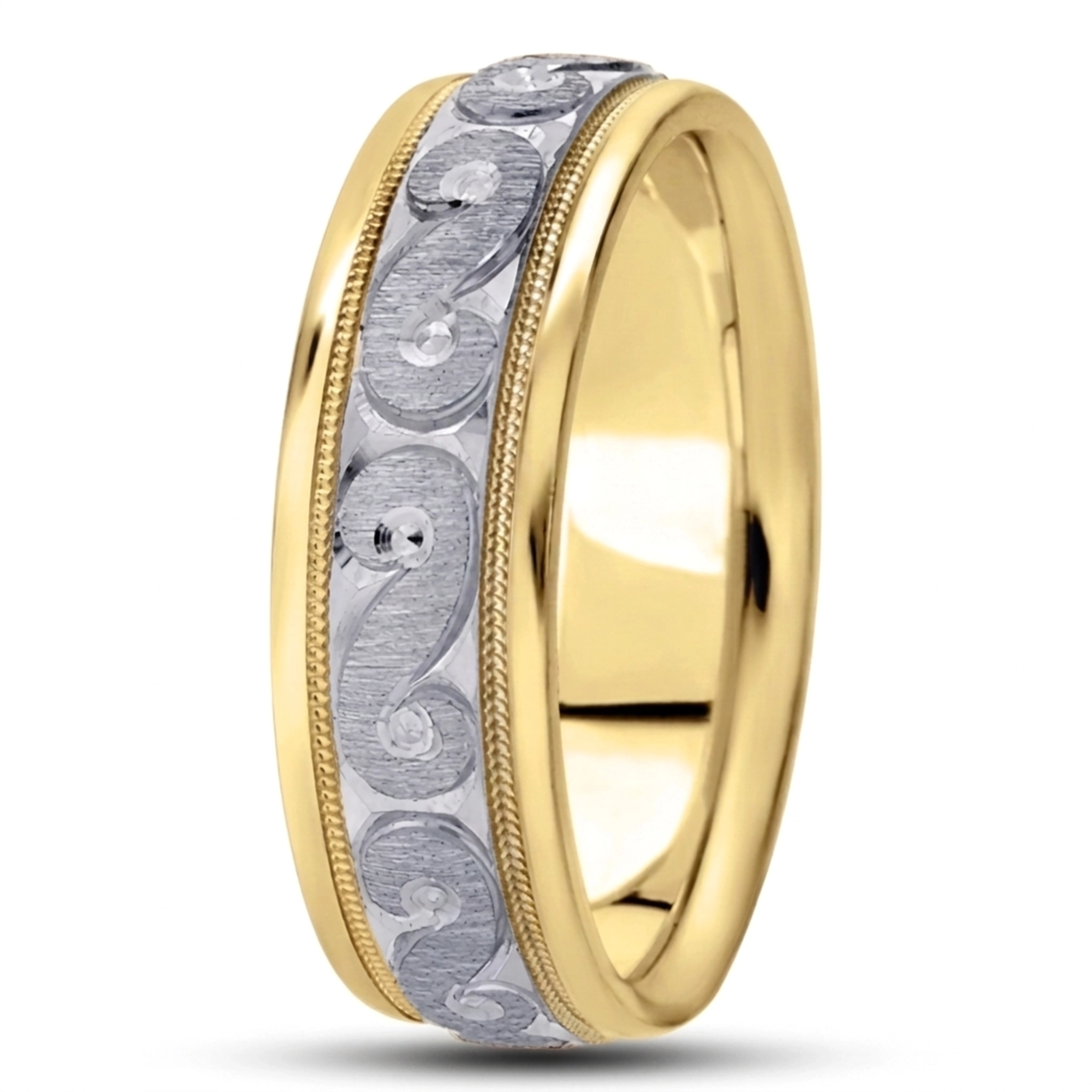 10K yellow-white-yellow gold 7mm. cross satin fancy-diamond-cut-wedding-band - alternate view 2