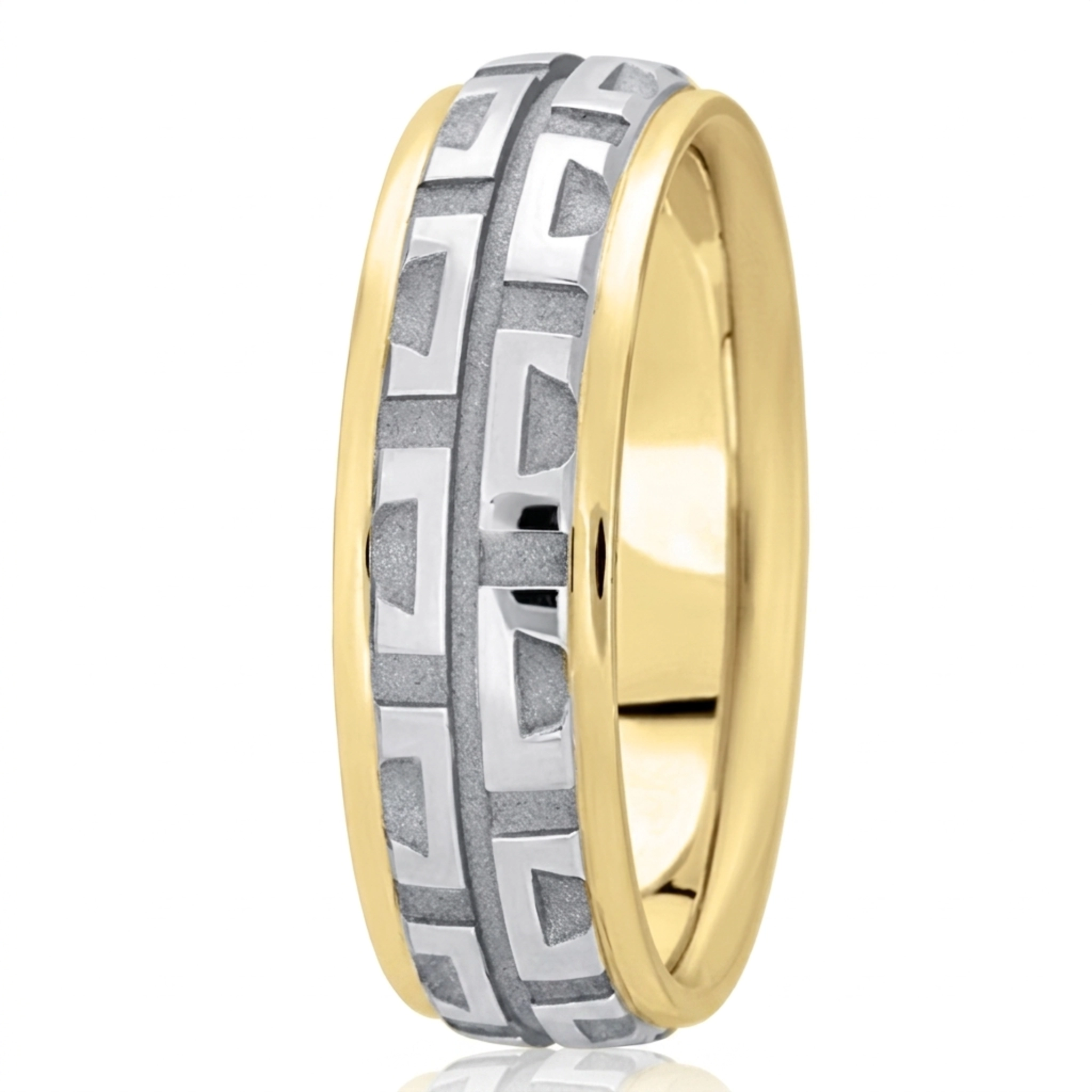 10K yellow-white-yellow gold 7mm. high polish fancy-carved-diamond-cut-wedding-band - alternate view 4