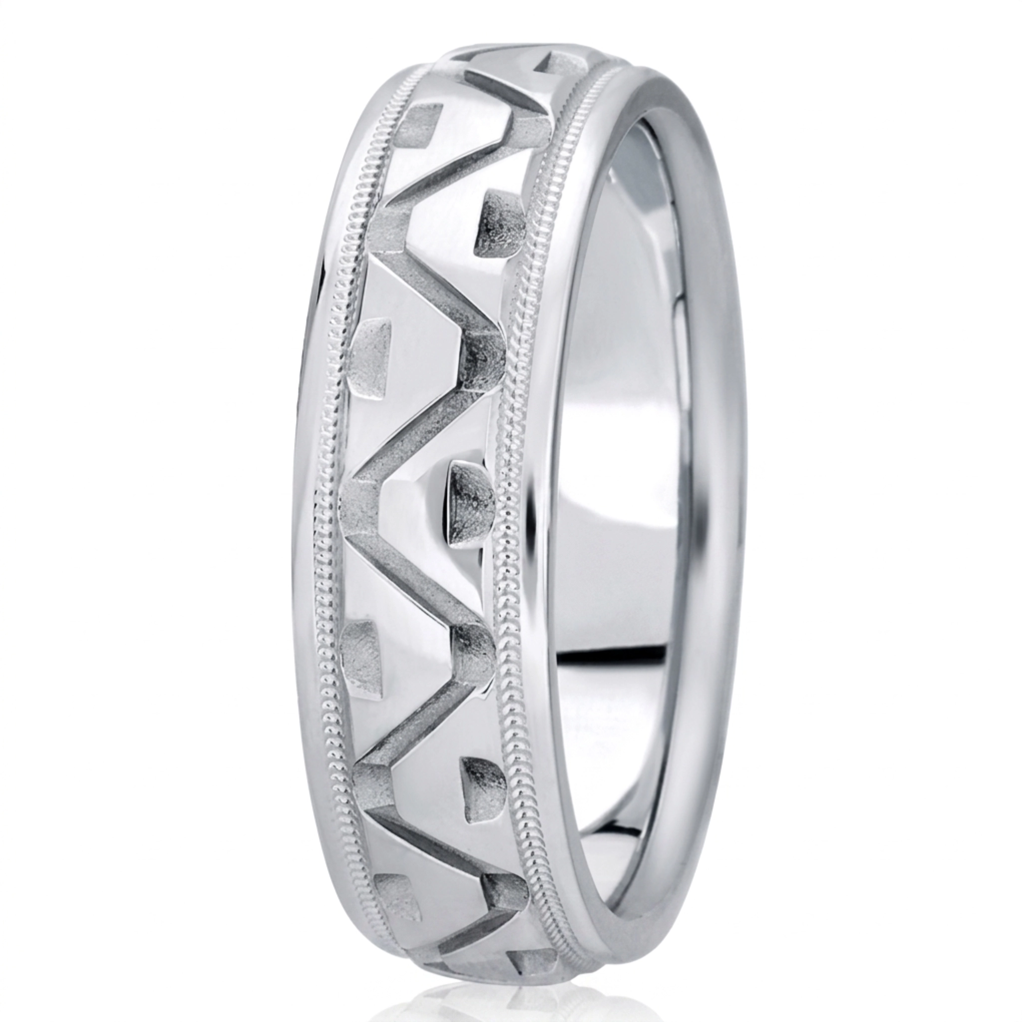10K white gold 7mm. high polish fancy-carved-diamond-cut-wedding-band - main view