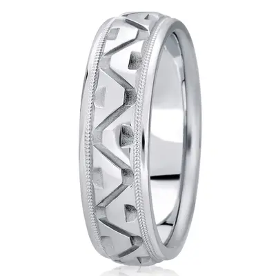10K white gold 7mm. high polish fancy-carved-diamond-cut-wedding-band - main view thumbnail