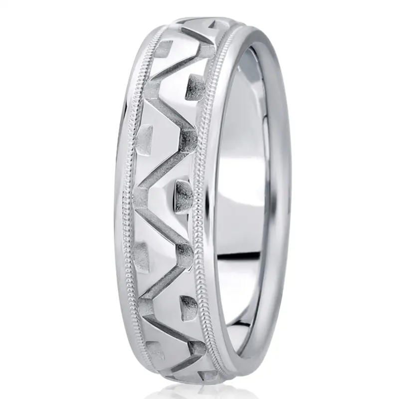10K white gold 7mm. high polish fancy-carved-diamond-cut-wedding-band - main view