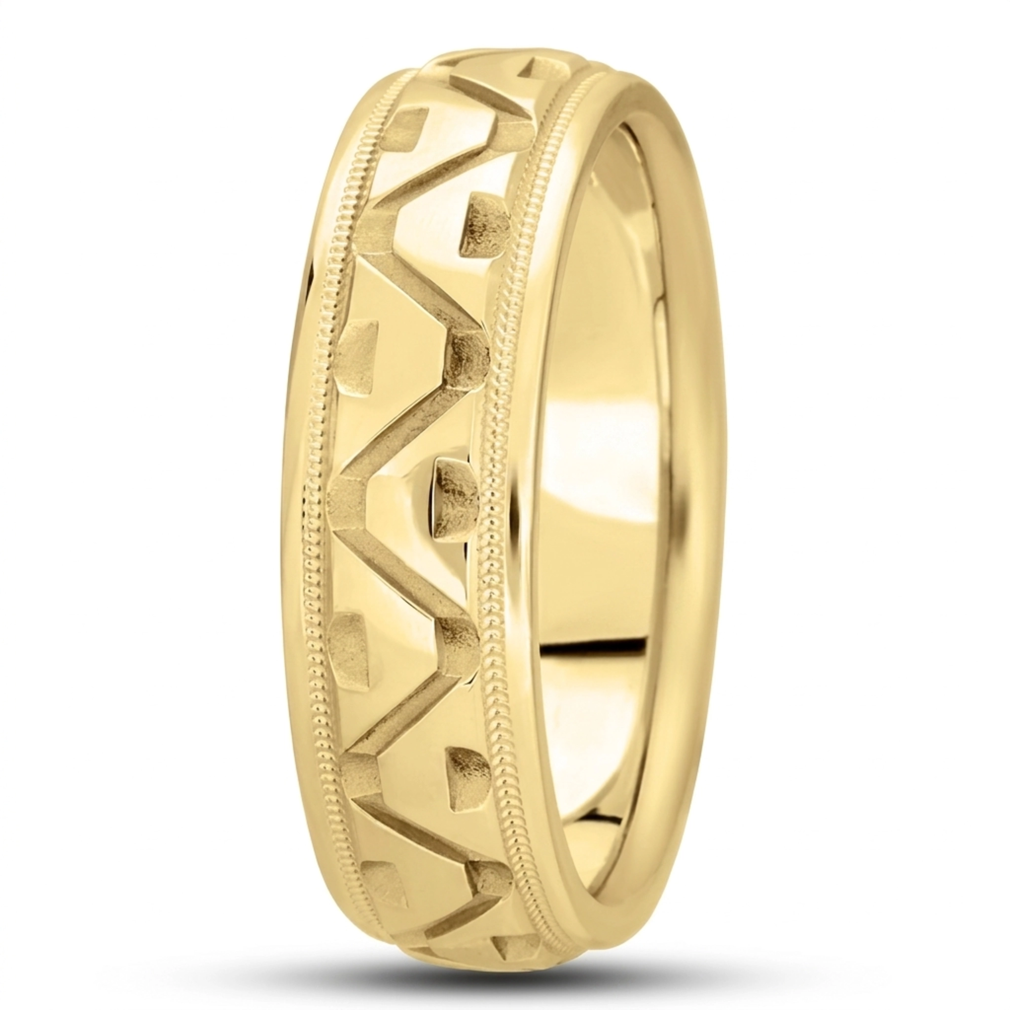 10K yellow gold 7mm. high polish fancy-carved-diamond-cut-wedding-band - alternate view 3
