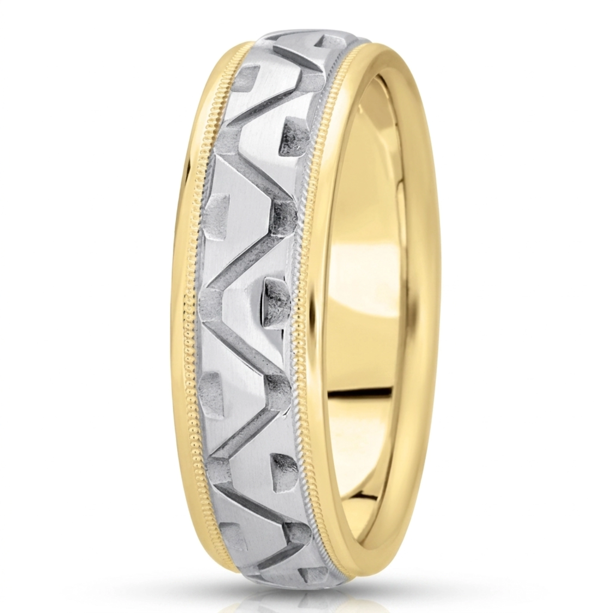 10K yellow-white-yellow gold 7mm. high polish fancy-carved-diamond-cut-wedding-band - alternate view 4