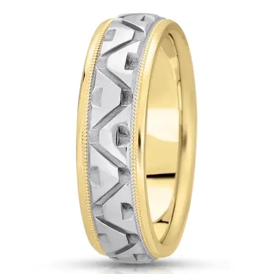 10K yellow-white-yellow gold 7mm. high polish fancy-carved-diamond-cut-wedding-band - alternate view 4 thumbnail