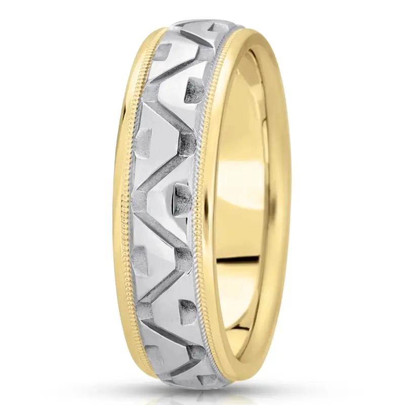 10K yellow-white-yellow gold 7mm. high polish fancy-carved-diamond-cut-wedding-band - alternate view 4