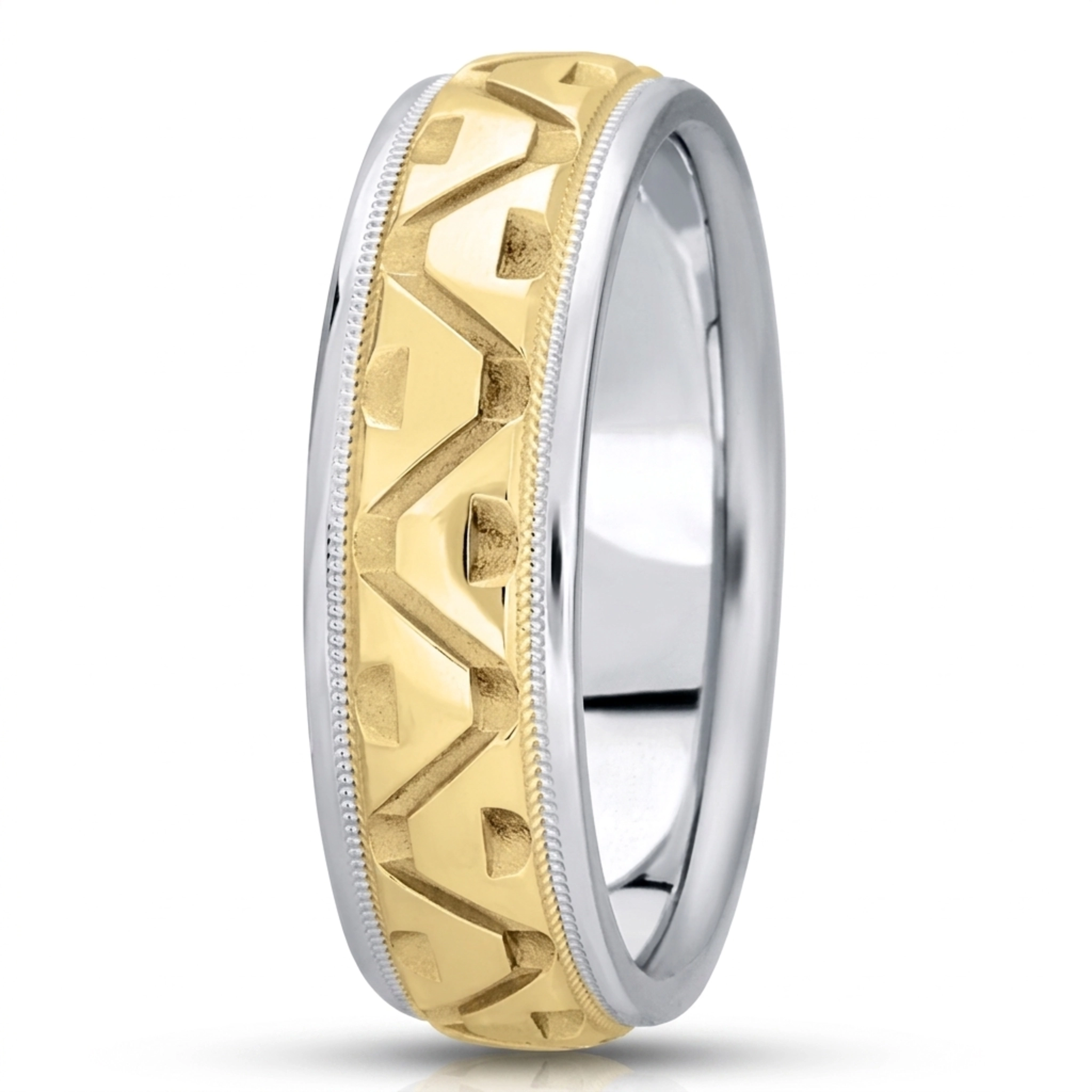 10K white-yellow-white gold 7mm. high polish fancy-carved-diamond-cut-wedding-band - alternate view 2