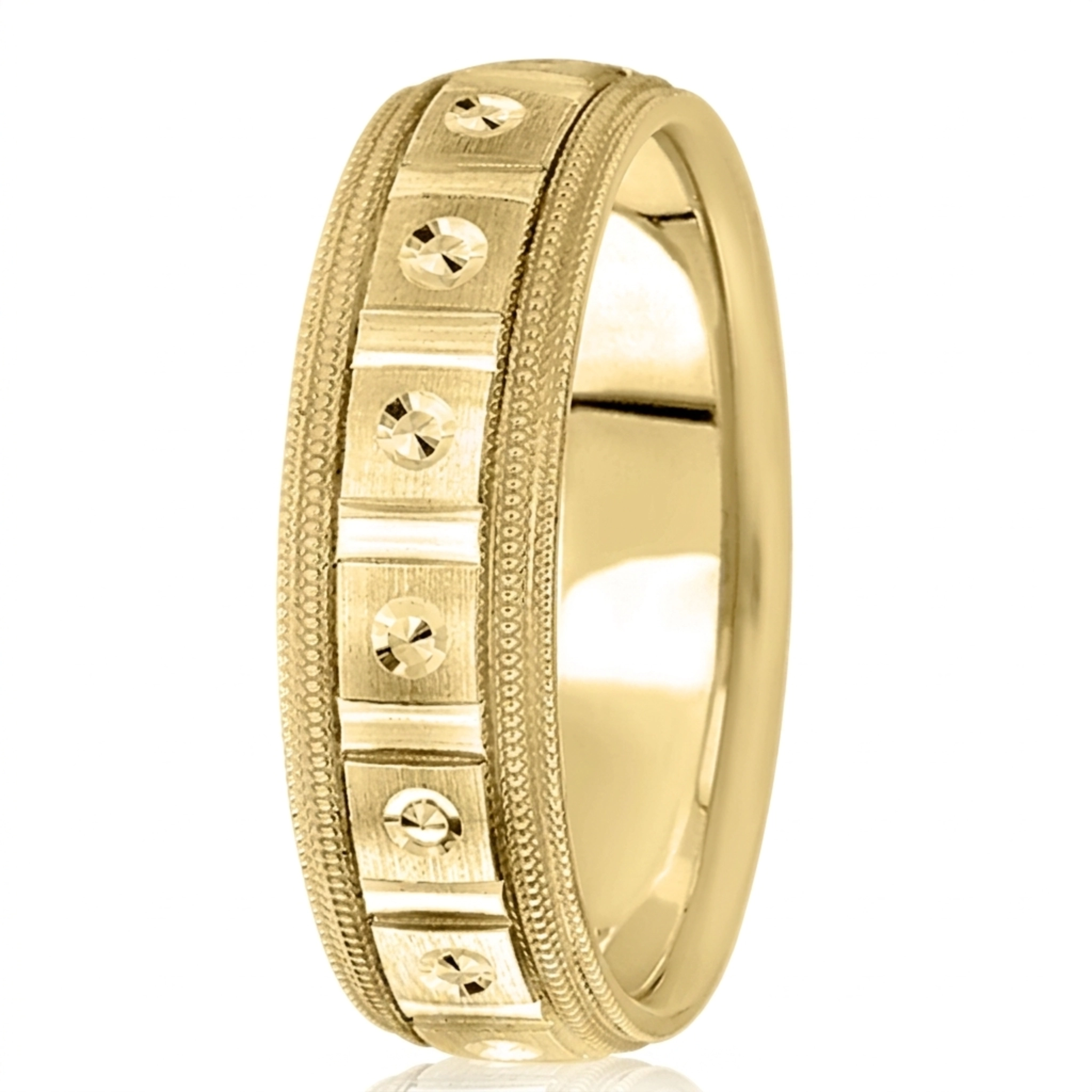 10K yellow gold 7mm. satin fancy-carved-diamond-cut-wedding-band - alternate view 2