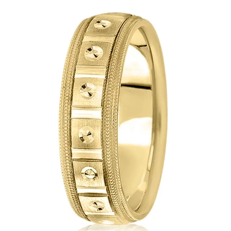 14K yellow gold 7mm. satin fancy-carved-diamond-cut-wedding-band - alternate view 2