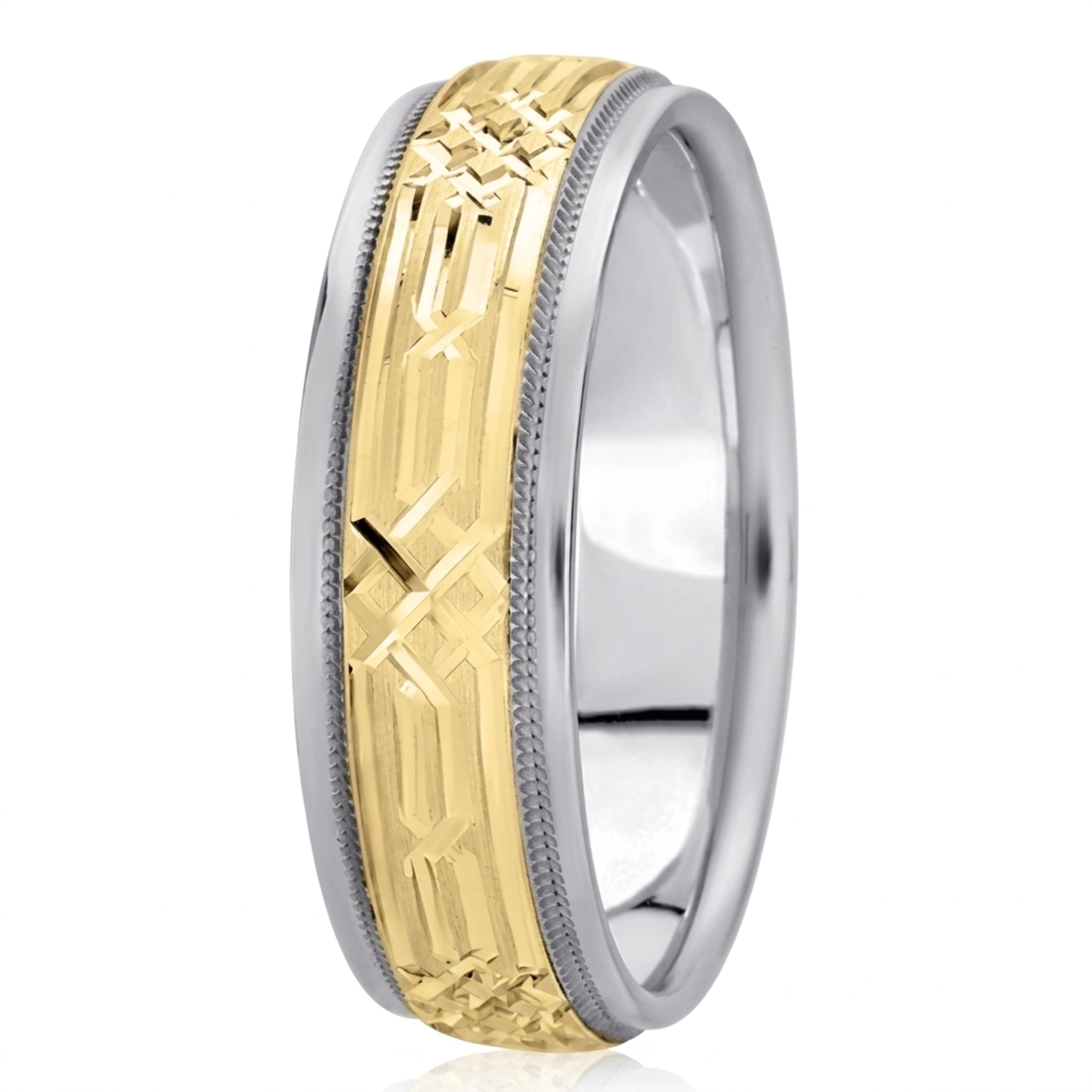 10K white-yellow-white gold 7mm. cross satin fancy-carved-diamond-cut-wedding-band - alternate view 6