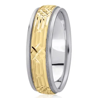 10K white-yellow-white gold 7mm. cross satin fancy-carved-diamond-cut-wedding-band - alternate view 6 thumbnail