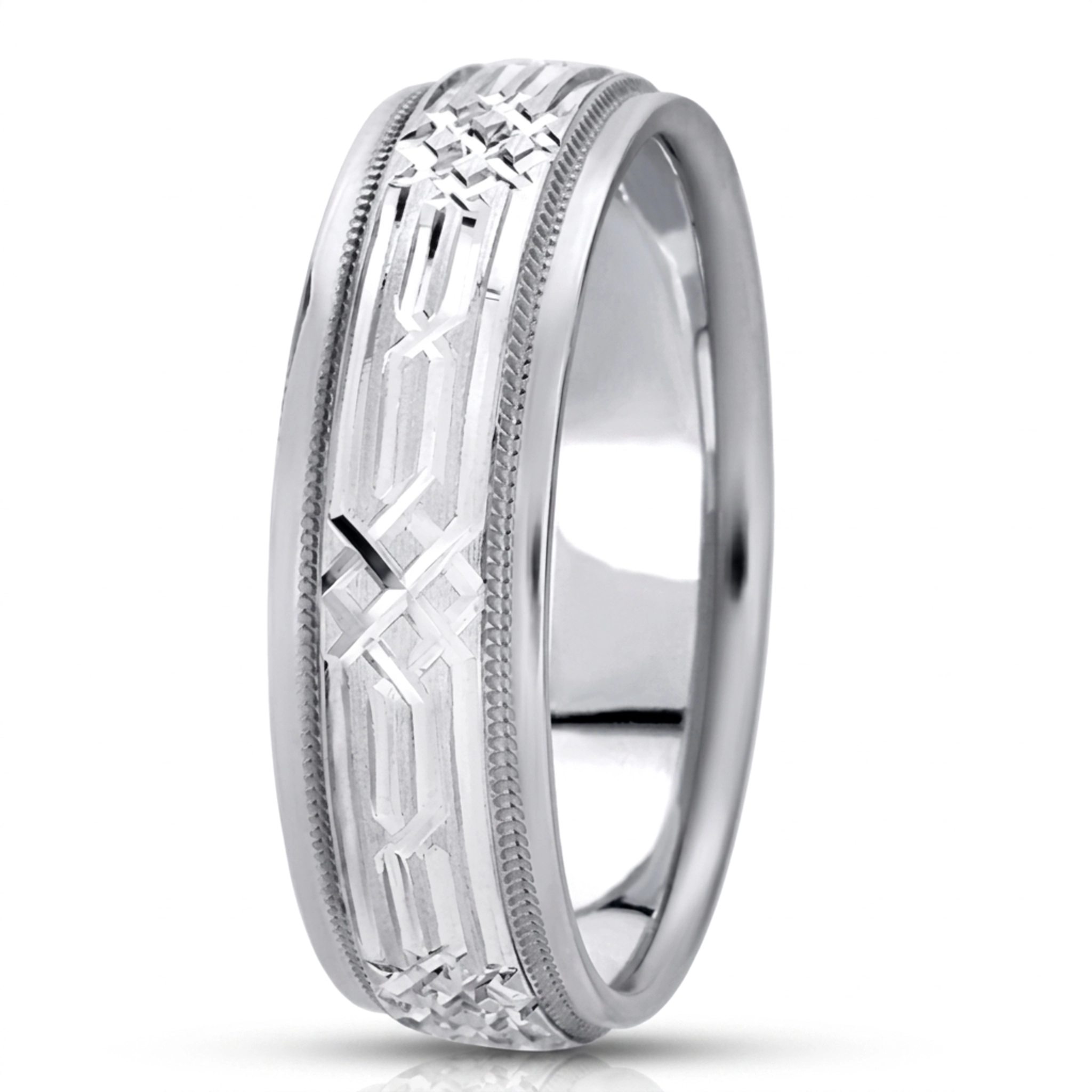 10K white gold 7mm. cross satin fancy-carved-diamond-cut-wedding-band - alternate view 8
