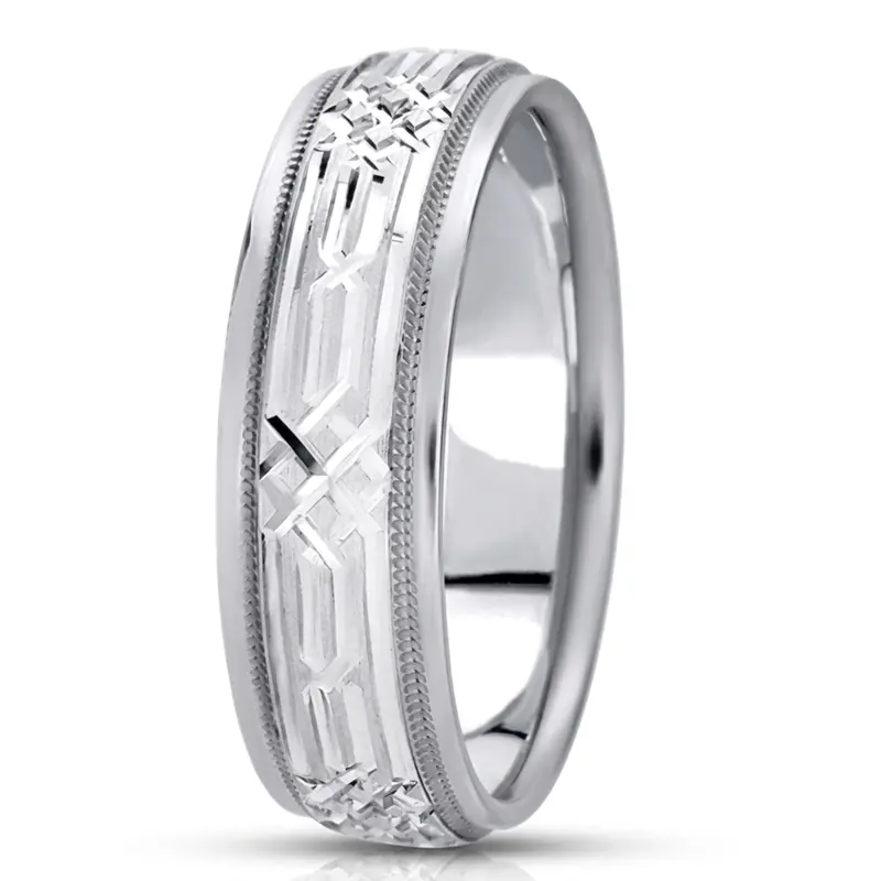 10K white gold 7mm. cross satin fancy-carved-diamond-cut-wedding-band - alternate view 8