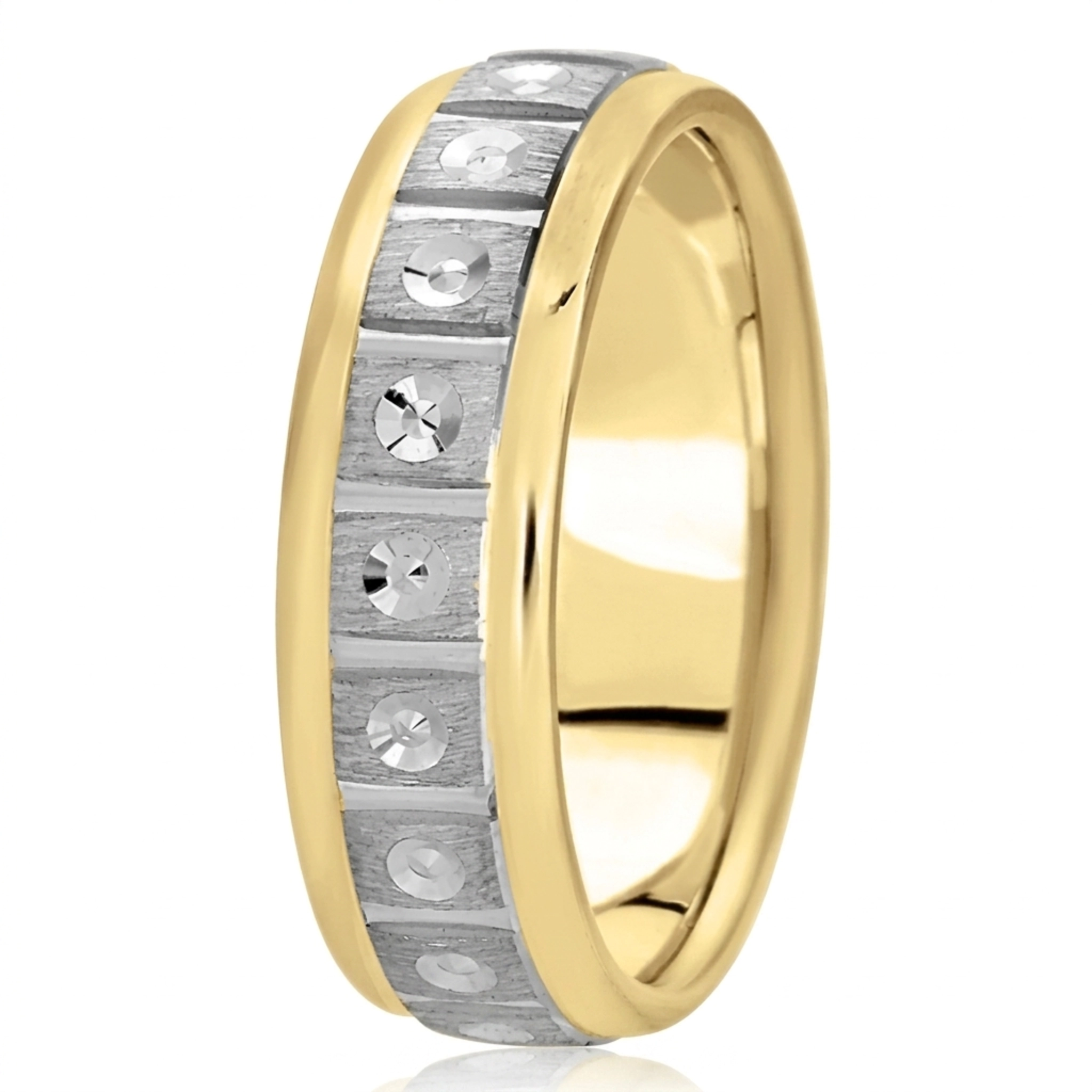 10K yellow-white-yellow gold 7mm. cross satin fancy-carved-diamond-cut-wedding-ring - main view