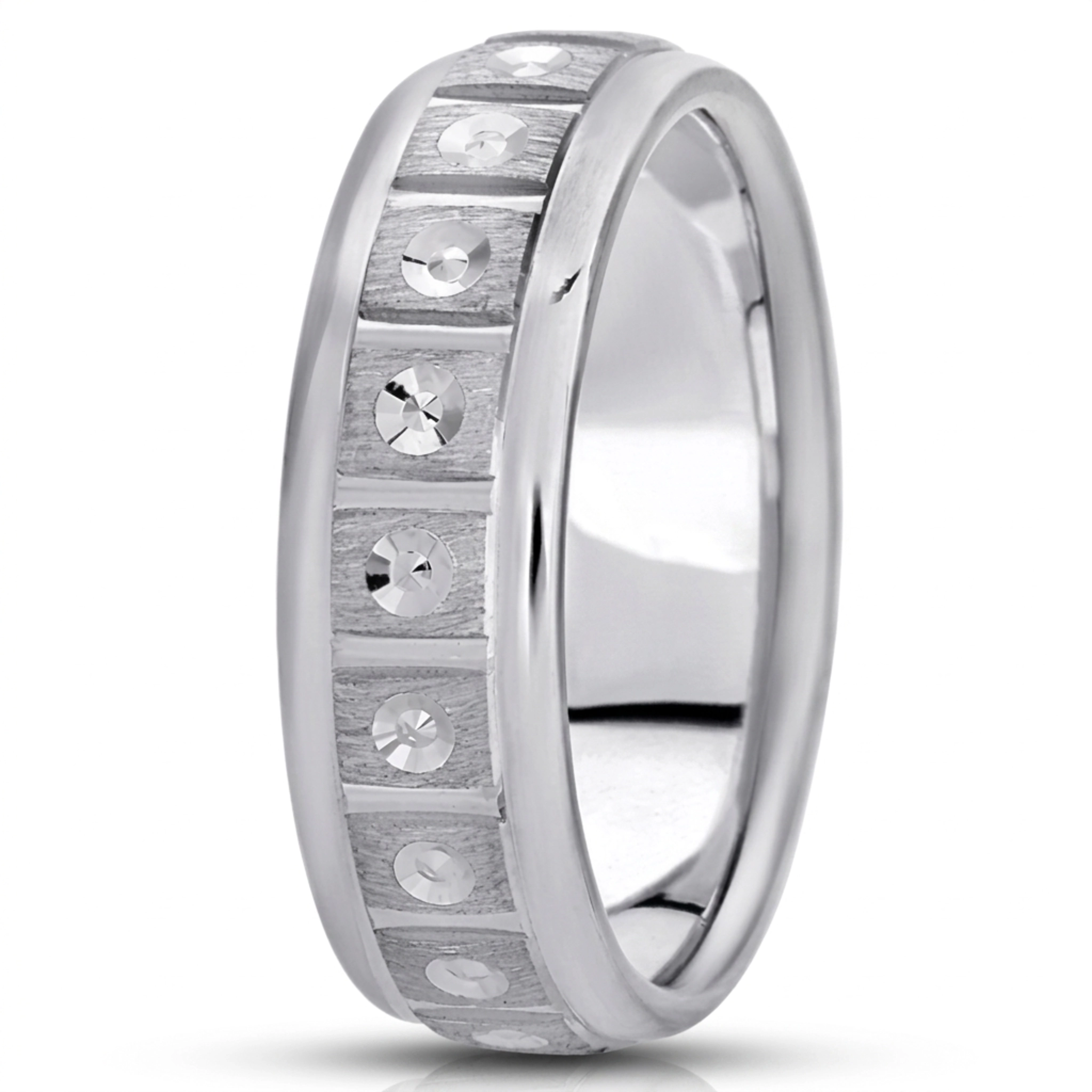 10K white gold 7mm. cross satin fancy-carved-diamond-cut-wedding-ring - alternate view 2