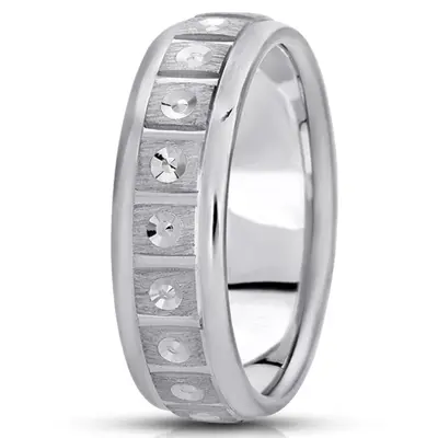 10K white gold 7mm. cross satin fancy-carved-diamond-cut-wedding-ring - alternate view 2 thumbnail