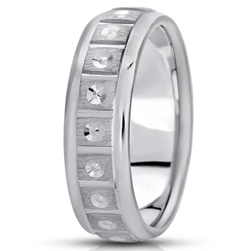 14K white gold 7mm. cross satin fancy-carved-diamond-cut-wedding-ring - alternate view 2