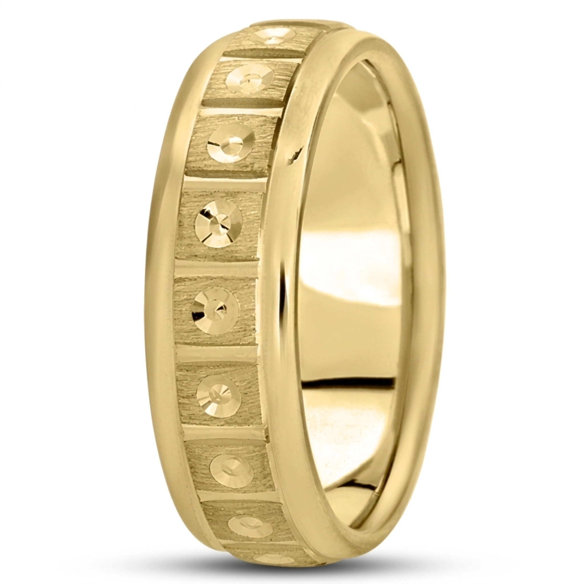 10K yellow gold 7mm. cross satin fancy-carved-diamond-cut-wedding-ring - alternate view 3