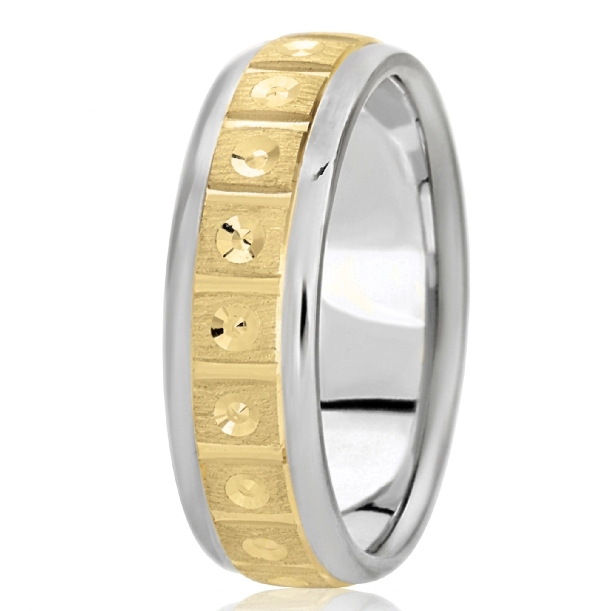 10K white-yellow-white gold 7mm. cross satin fancy-carved-diamond-cut-wedding-ring - alternate view 4