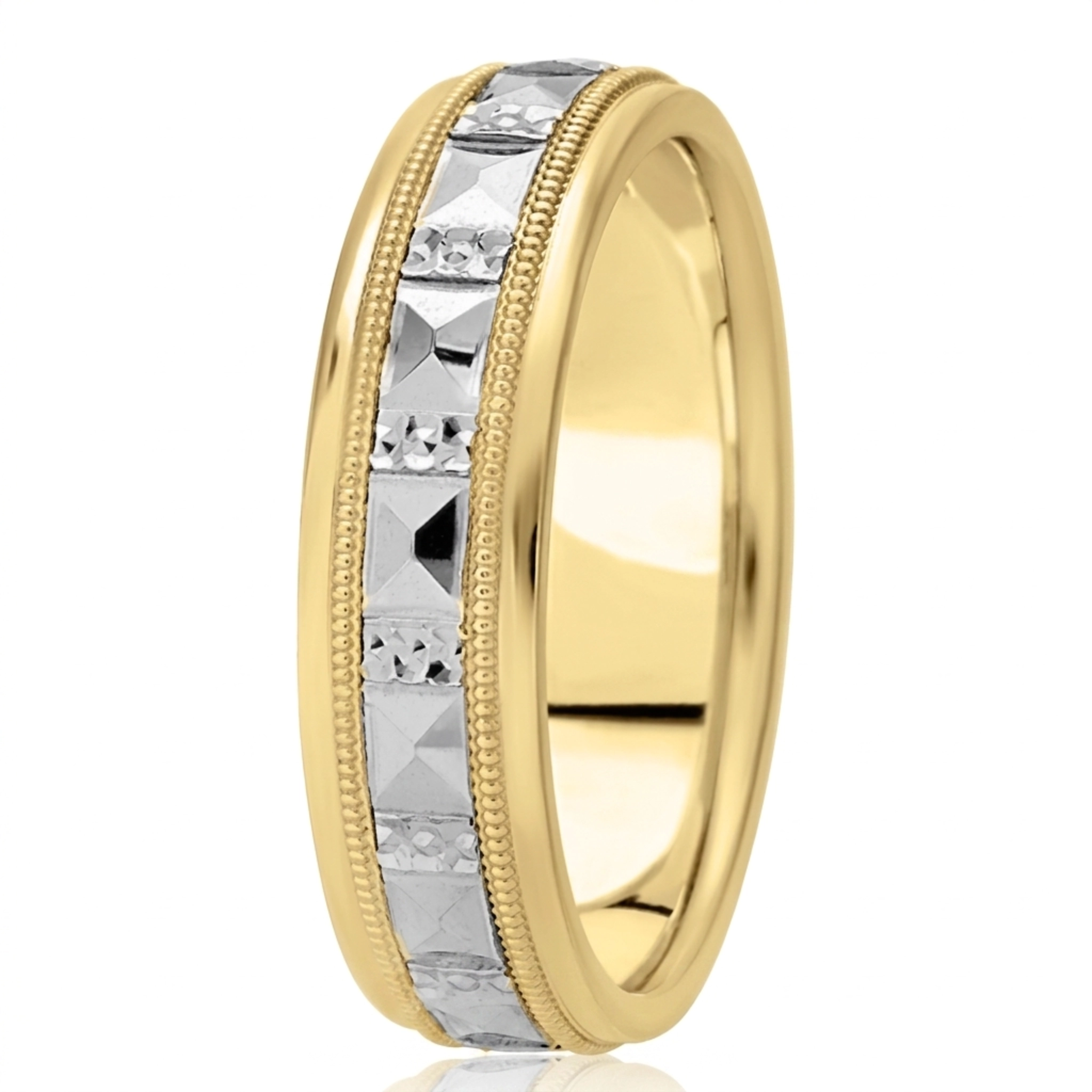 10K yellow-white-yellow gold 6.5mm high polish diamond-cut-fancy-carved-wedding-band - main view