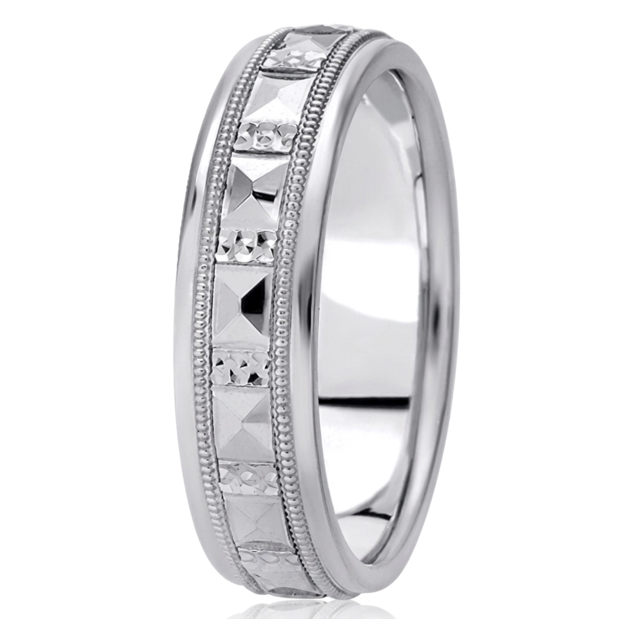 10K white gold 6.5mm high polish diamond-cut-fancy-carved-wedding-band - alternate view 2
