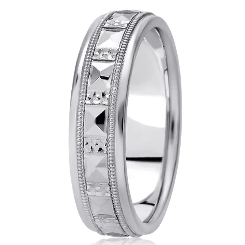 10K white gold 6.5mm high polish diamond-cut-fancy-carved-wedding-band - alternate view 2