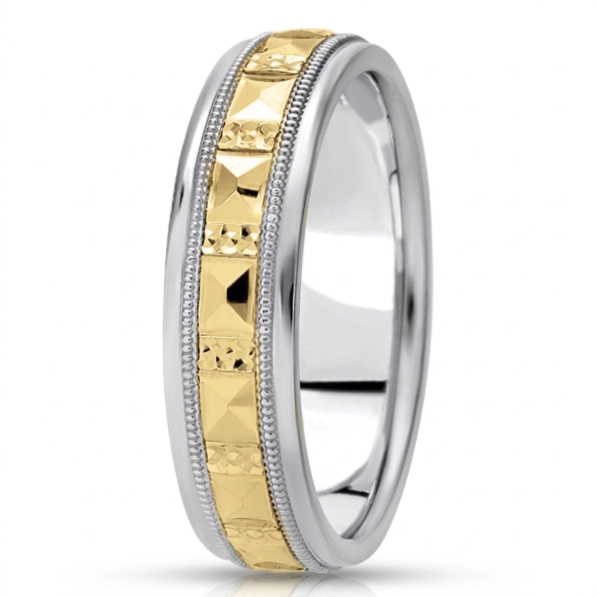 10K white-yellow-white gold 6.5mm high polish diamond-cut-fancy-carved-wedding-band - alternate view 4