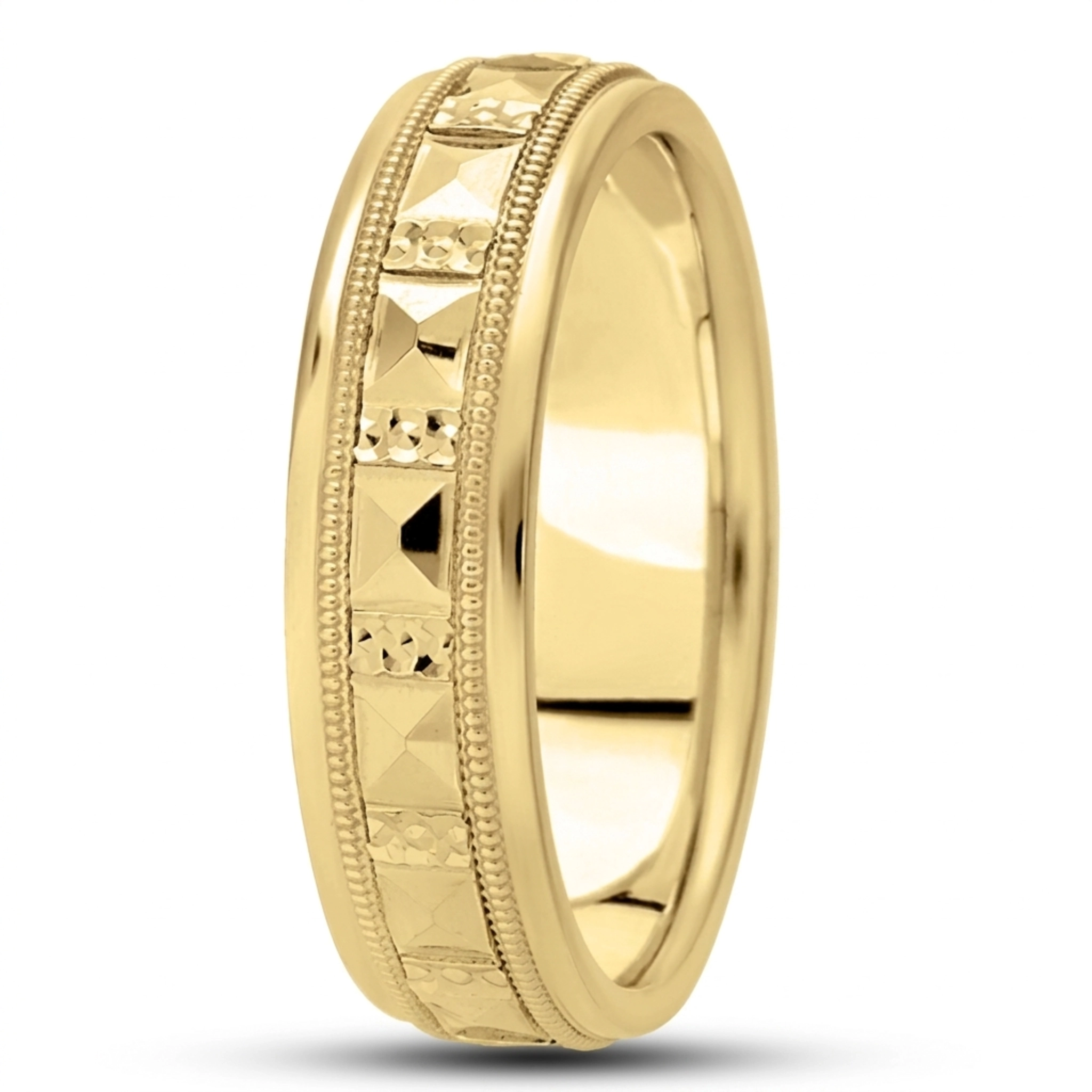 10K yellow gold 6.5mm high polish diamond-cut-fancy-carved-wedding-band - alternate view 3