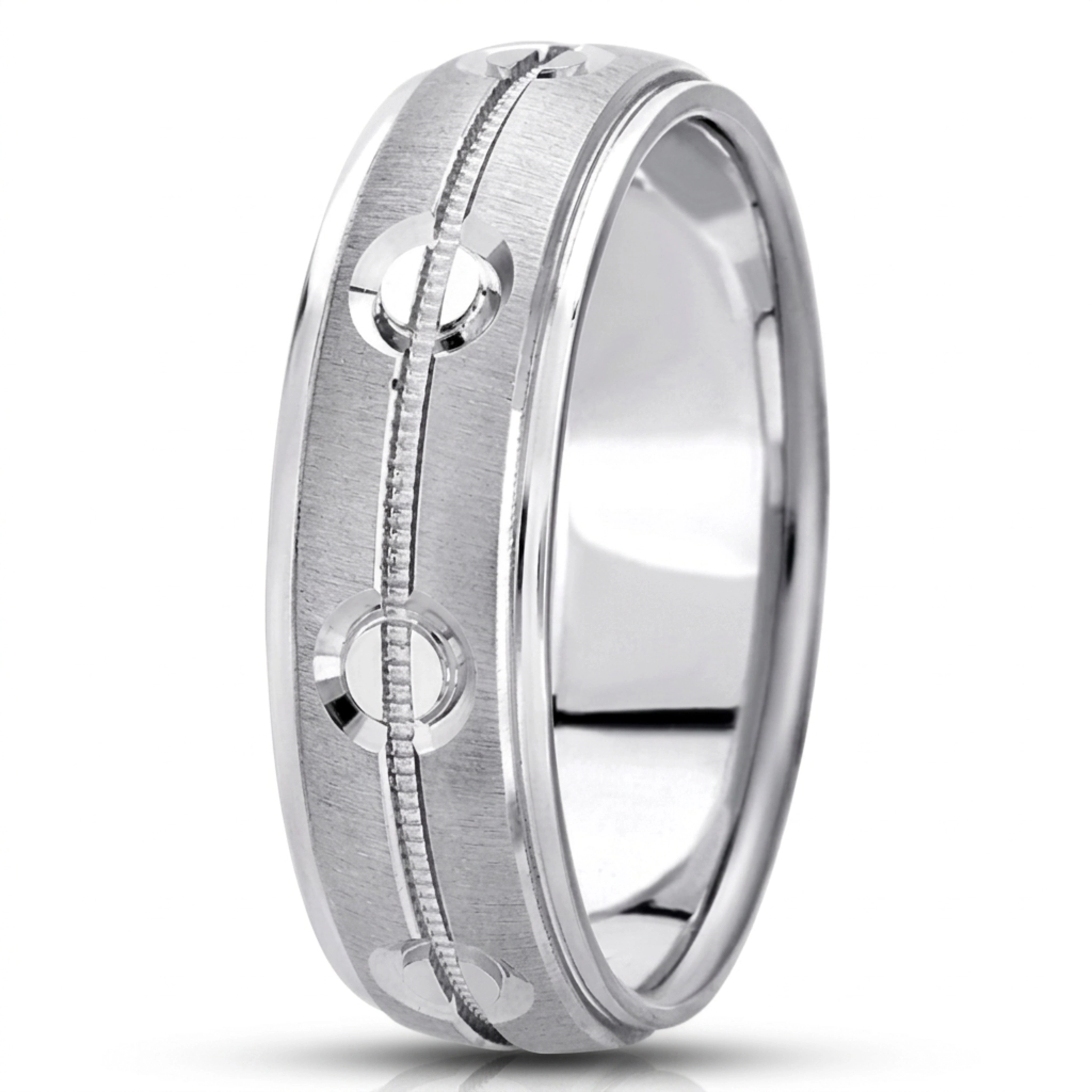 10K white gold 7mm. cross satin fancy-carved-diamond-cut-wedding-band - main view