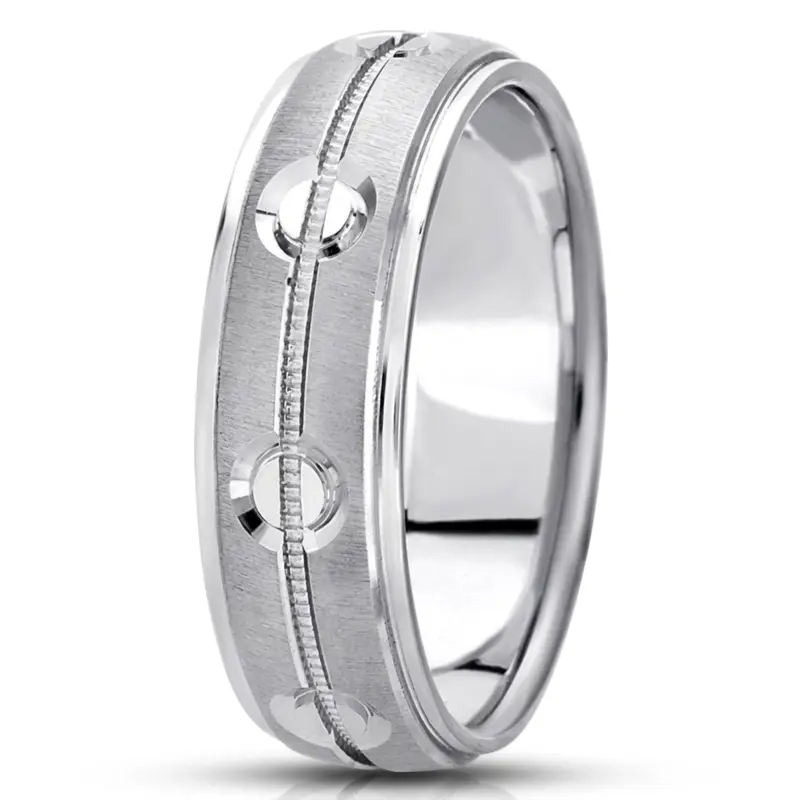 14K white gold 7mm. cross satin fancy-carved-diamond-cut-wedding-band - main view