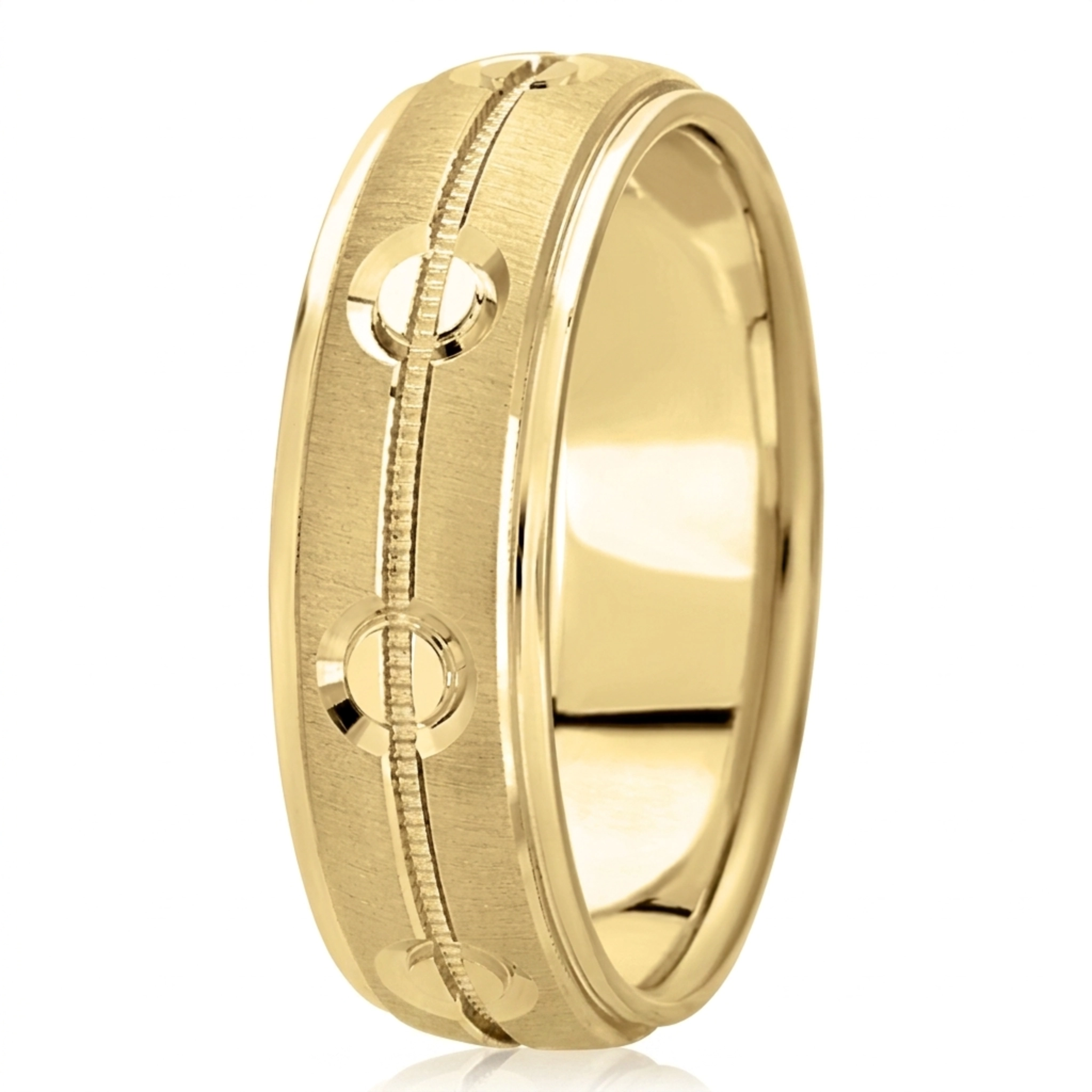 10K yellow gold 7mm. cross satin fancy-carved-diamond-cut-wedding-band - alternate view 2