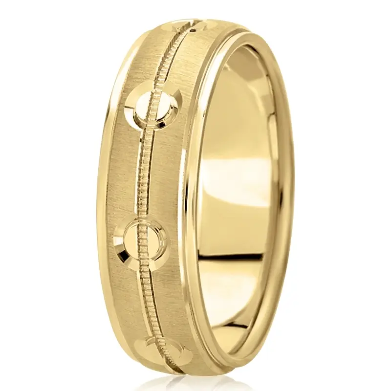 14K yellow gold 7mm. cross satin fancy-carved-diamond-cut-wedding-band - alternate view 2