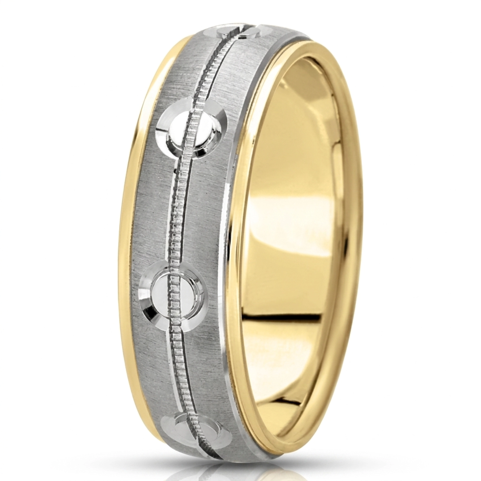 10K yellow-white-yellow gold 7mm. cross satin fancy-carved-diamond-cut-wedding-band - alternate view 3