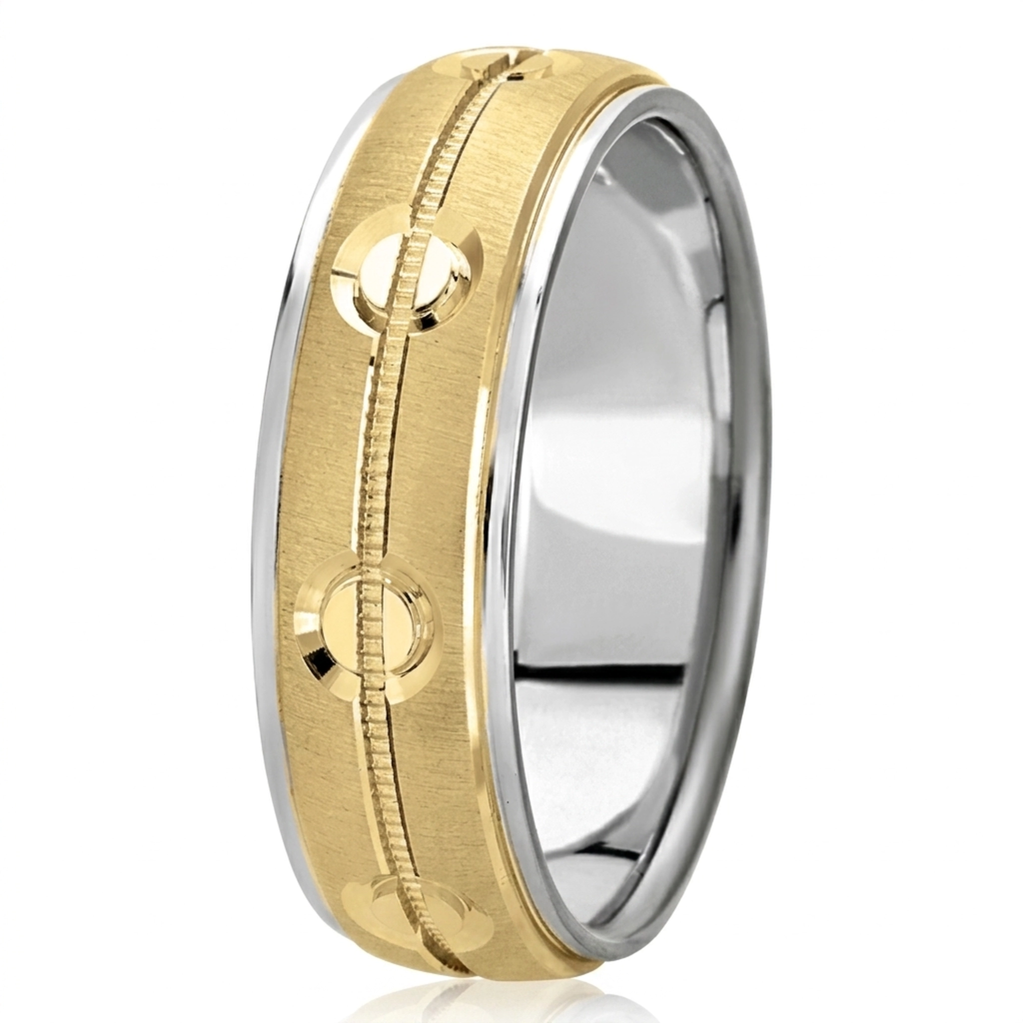 10K white-yellow-white gold 7mm. cross satin fancy-carved-diamond-cut-wedding-band - alternate view 4