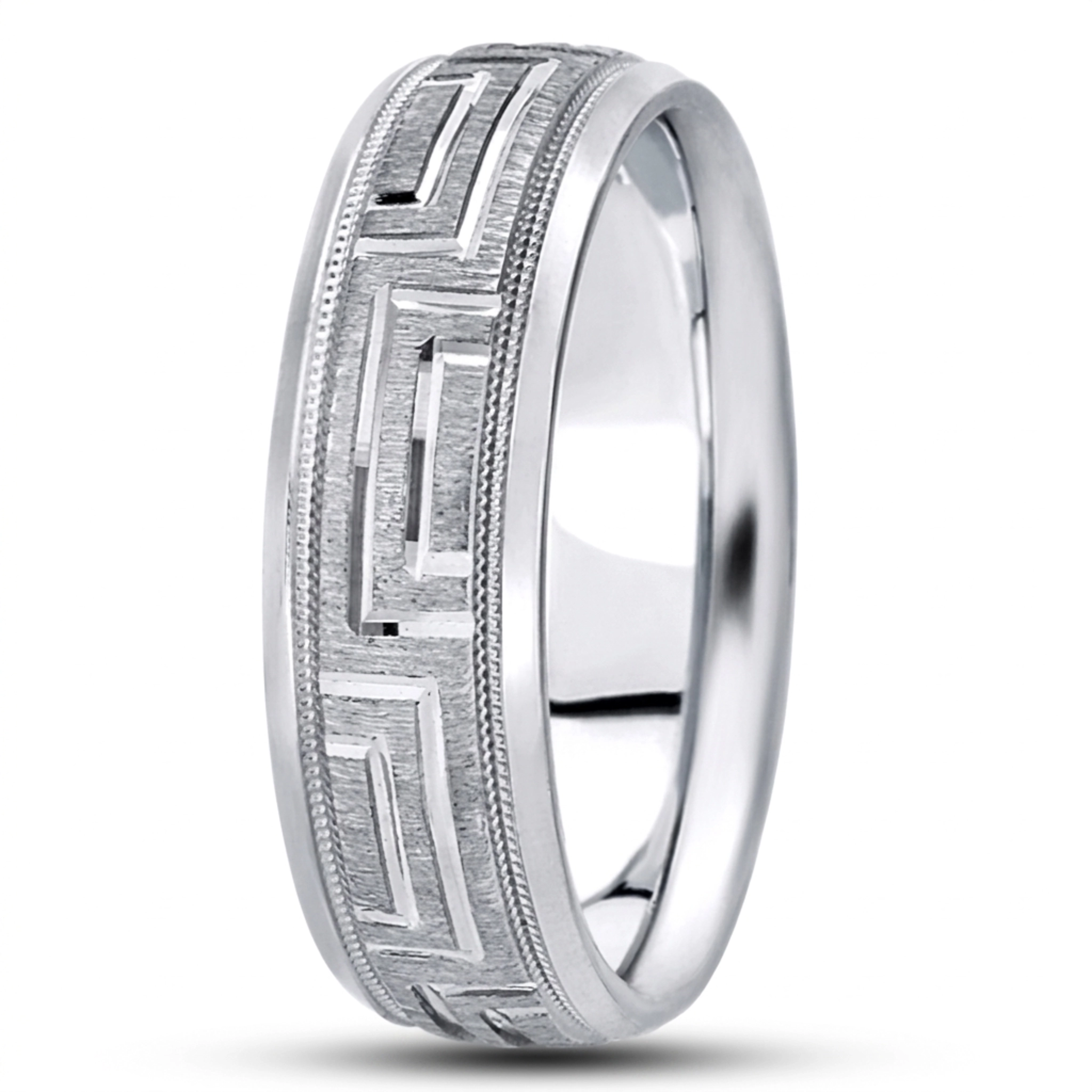 10K white gold 7mm. cross satin fancy-carved-diamond-cut-wedding-band - main view