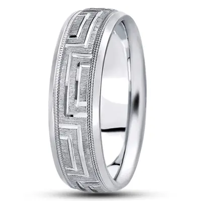 10K white gold 7mm. cross satin fancy-carved-diamond-cut-wedding-band - main view thumbnail