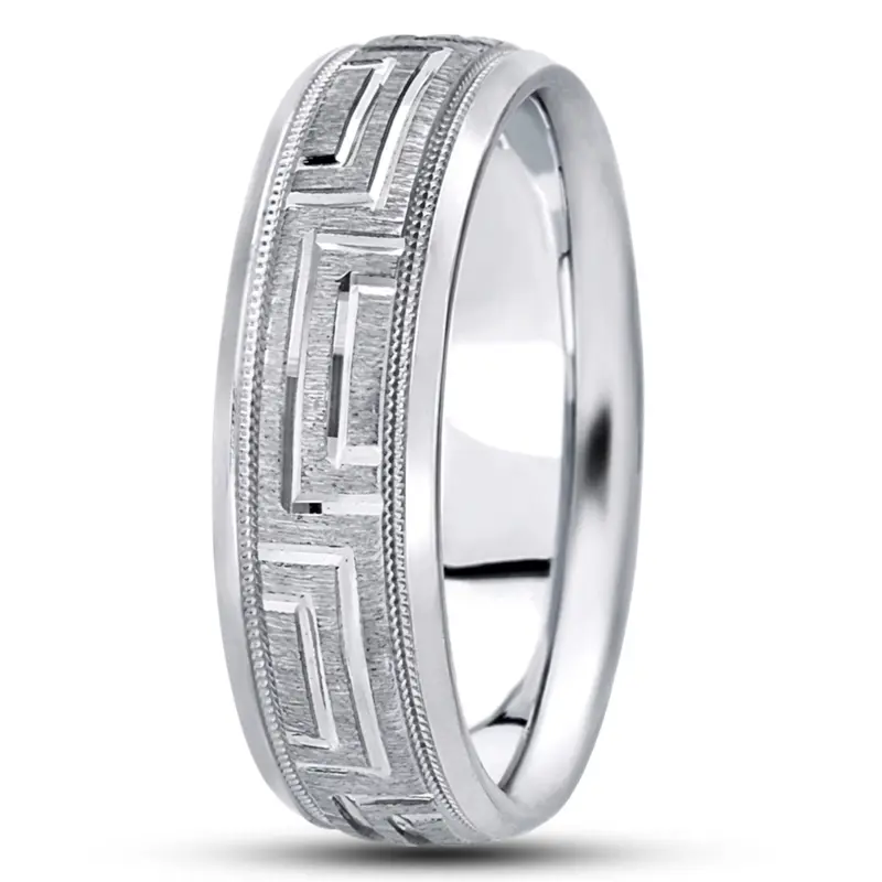 14K white gold 7mm. cross satin fancy-carved-diamond-cut-wedding-band - main view