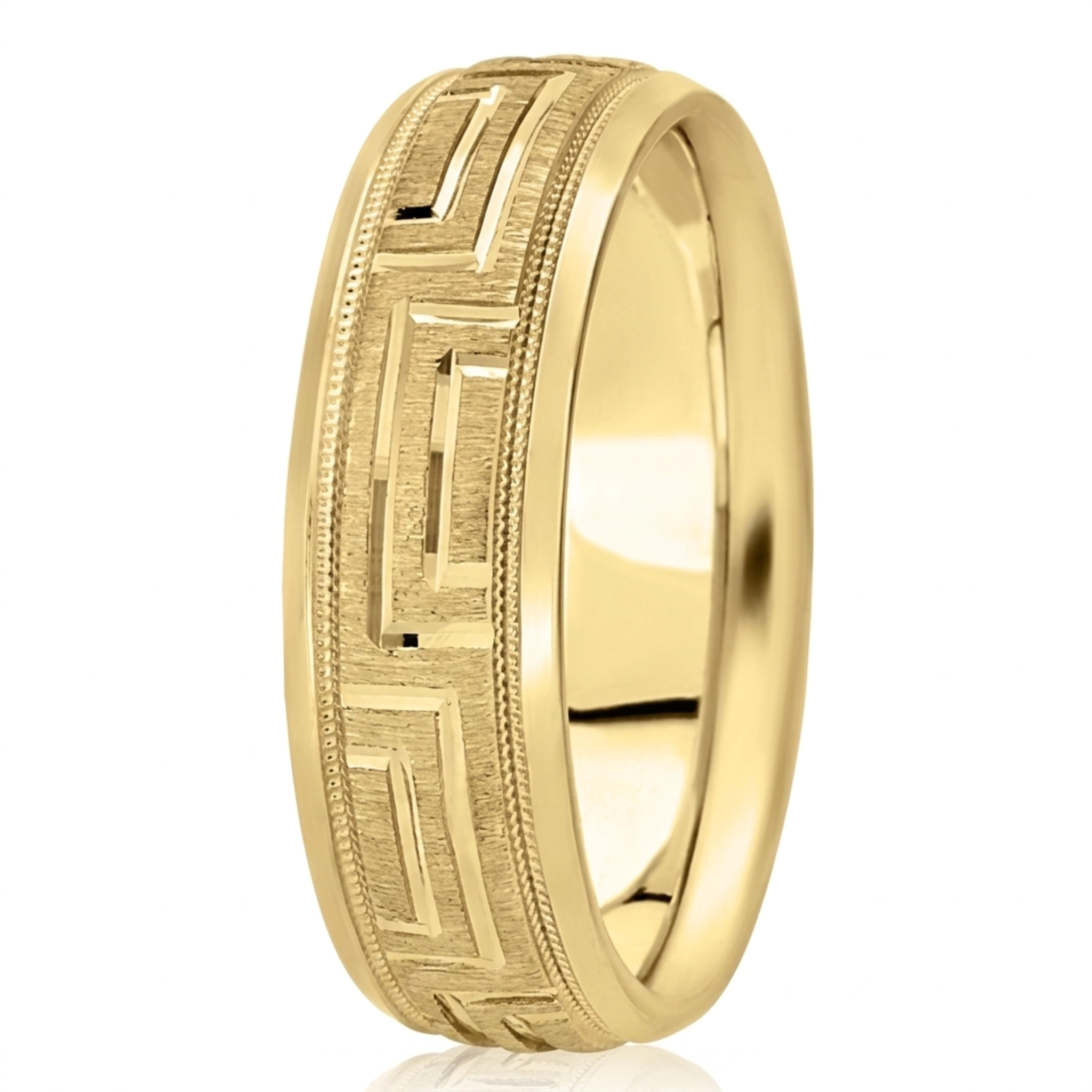 10K yellow gold 7mm. cross satin fancy-carved-diamond-cut-wedding-band - alternate view 2