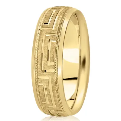 10K yellow gold 7mm. cross satin fancy-carved-diamond-cut-wedding-band - alternate view 2 thumbnail