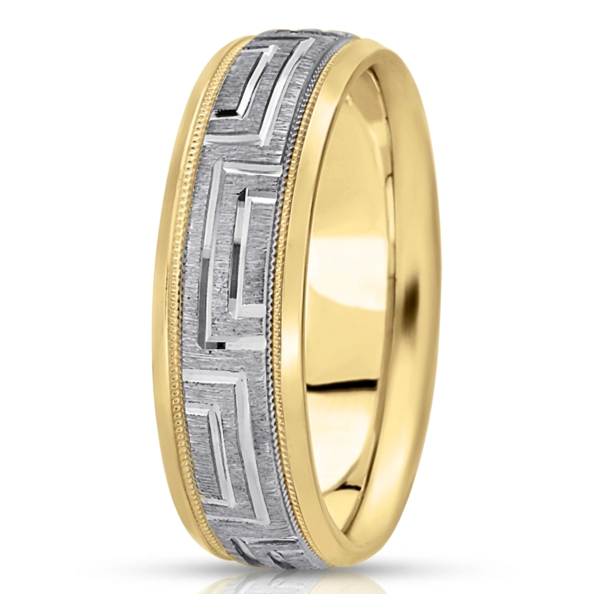 10K yellow-white-yellow gold 7mm. cross satin fancy-carved-diamond-cut-wedding-band - alternate view 3