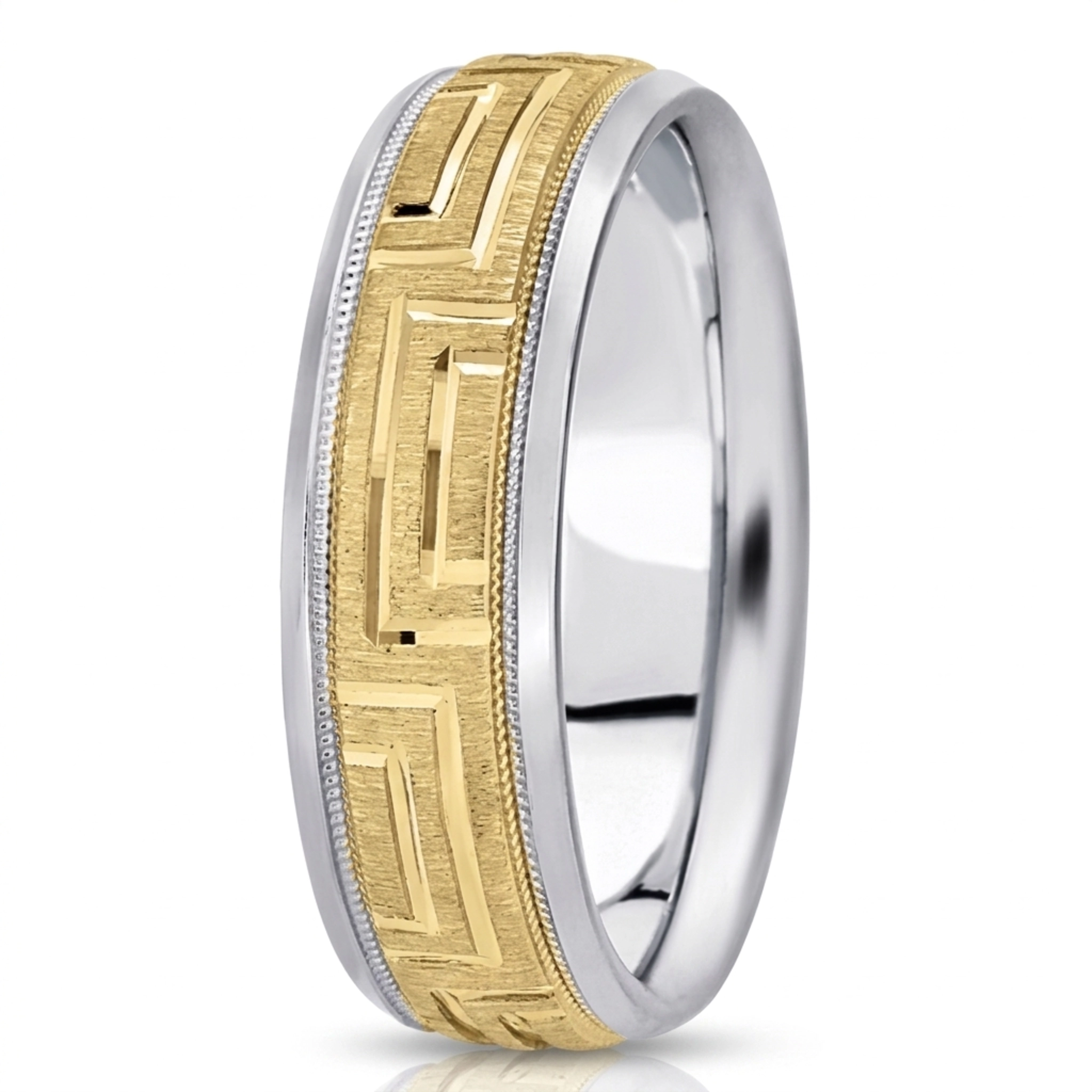 10K white-yellow-white gold 7mm. cross satin fancy-carved-diamond-cut-wedding-band - alternate view 4