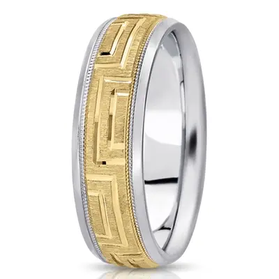 10K white-yellow-white gold 7mm. cross satin fancy-carved-diamond-cut-wedding-band - alternate view 4 thumbnail