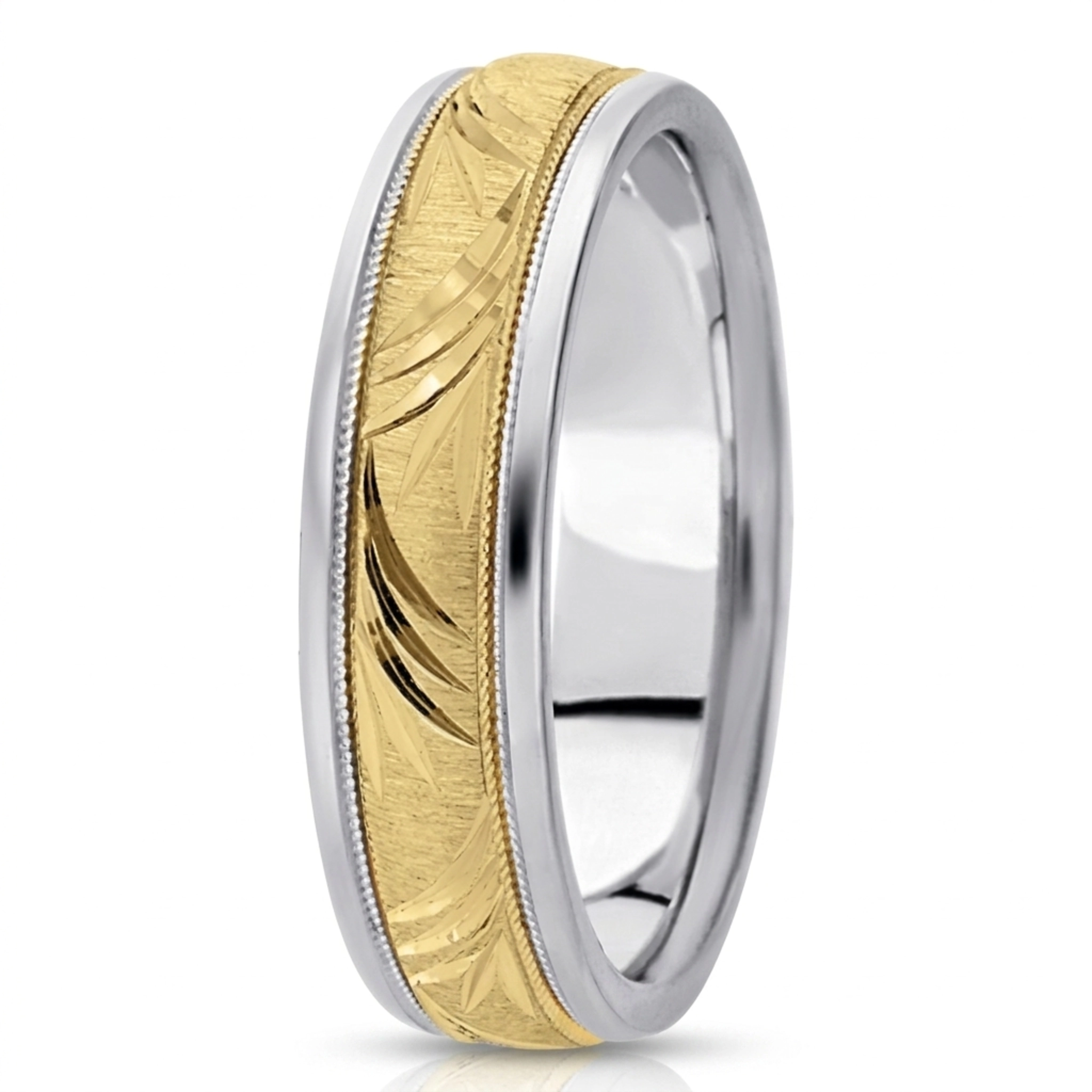 10K white-yellow-white gold 6.5mm cross satin fancy-carved-diamond-cut-wedding-band - main view