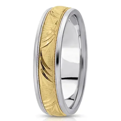 10K white-yellow-white gold 6.5mm cross satin fancy-carved-diamond-cut-wedding-band - main view thumbnail