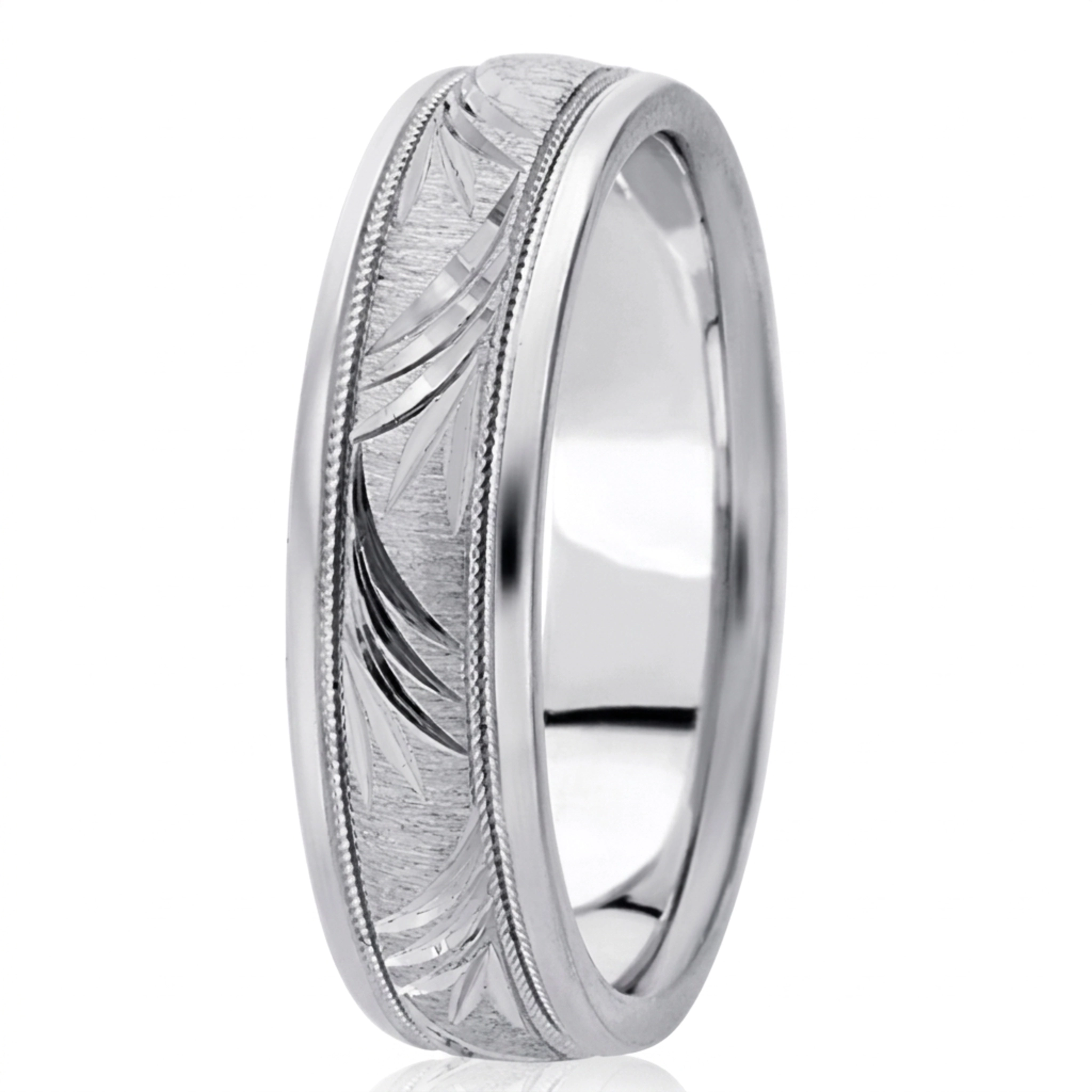 10K white gold 6.5mm cross satin fancy-carved-diamond-cut-wedding-band - alternate view 5