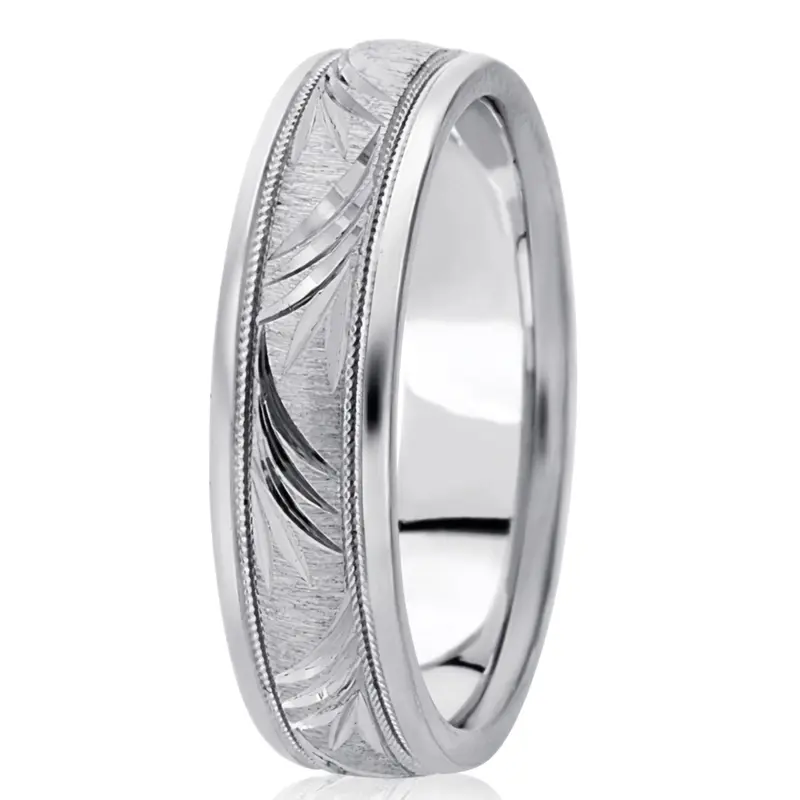 14K white gold 6.5mm cross satin fancy-carved-diamond-cut-wedding-band - alternate view 5