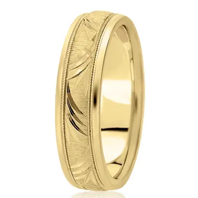 10K yellow gold 6.5mm cross satin fancy-carved-diamond-cut-wedding-band - alternate view 6 thumbnail