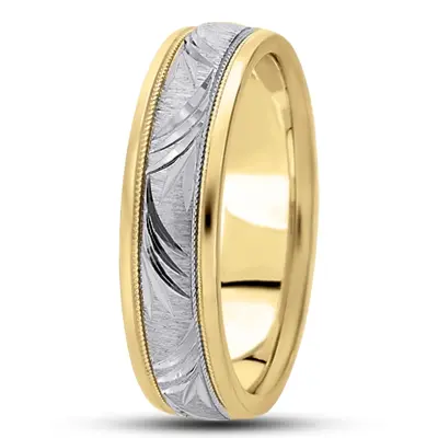 10K yellow-white-yellow gold 6.5mm cross satin fancy-carved-diamond-cut-wedding-band - alternate view 7 thumbnail