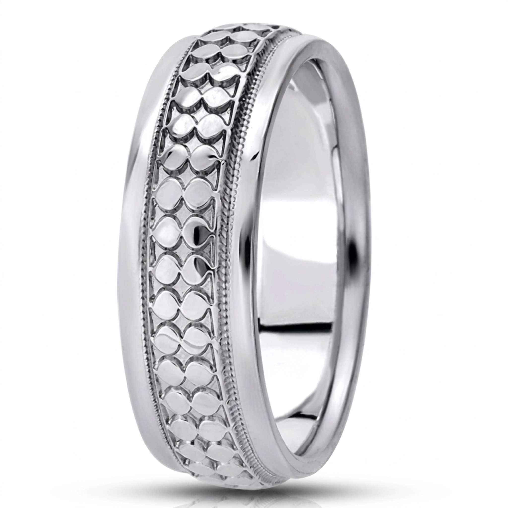 10K white gold 7mm. high polish Fancy-carved-diamond-cut-wedding-ring - main view