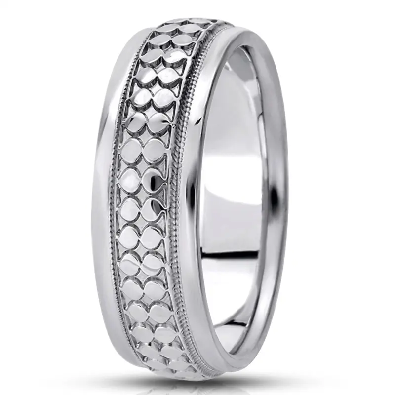 10K white gold 7mm. high polish Fancy-carved-diamond-cut-wedding-ring - main view