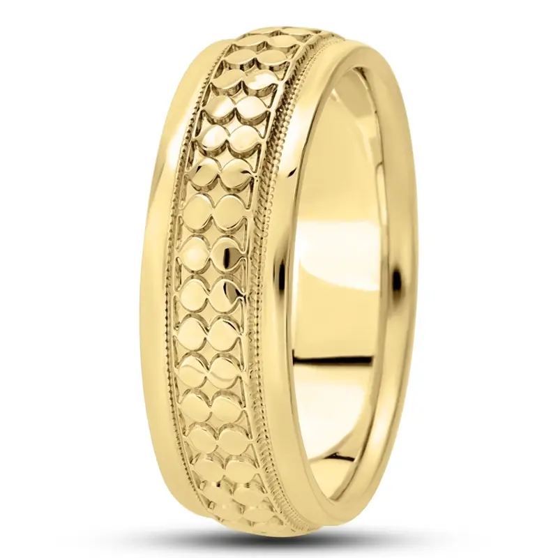 10K yellow gold 7mm. high polish Fancy-carved-diamond-cut-wedding-ring - alternate view 2